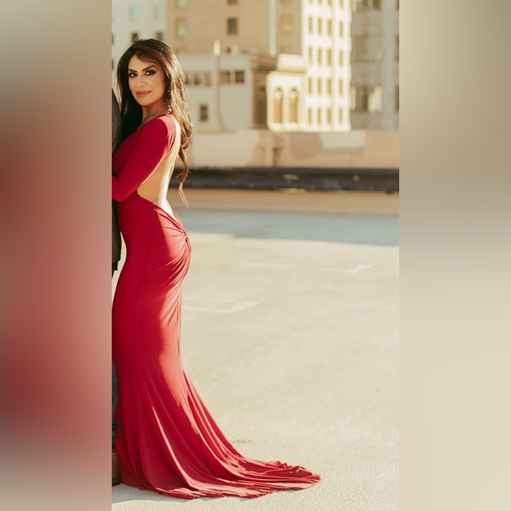 Red long sleeve backless stretchy gown with train Small Medium 4 6